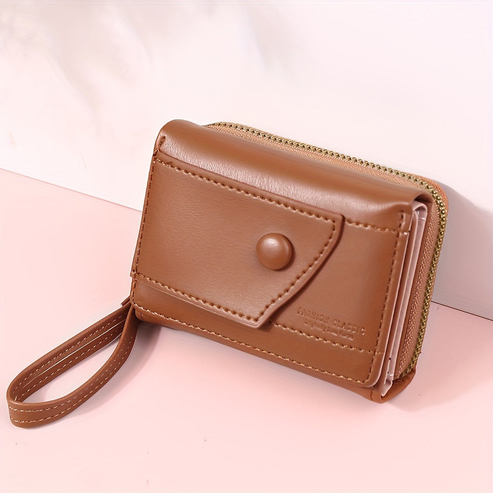 Purple Chic Compact Trifold Wallet for Women - PU Leather Card Holder with Zipper Coin Purse & Wristlet Strap - Image 3