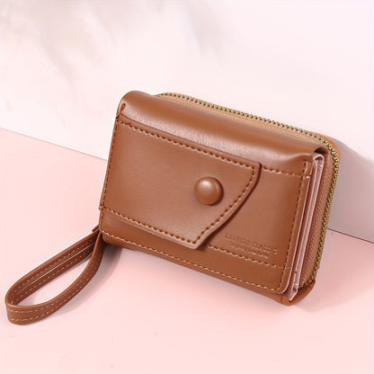 Pink Chic Compact Trifold Wallet for Women - PU Leather Card Holder with Zipper Coin Purse & Wristlet Strap - Image 3