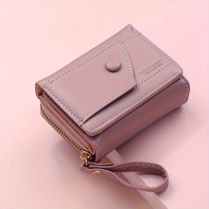 Pink Chic Compact Trifold Wallet for Women - PU Leather Card Holder with Zipper Coin Purse & Wristlet Strap - Image 5