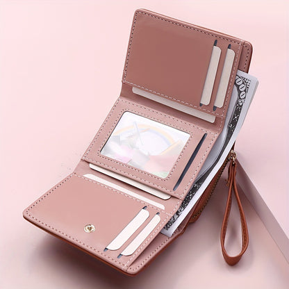 Pink Chic Compact Trifold Wallet for Women - PU Leather Card Holder with Zipper Coin Purse & Wristlet Strap - Image 6