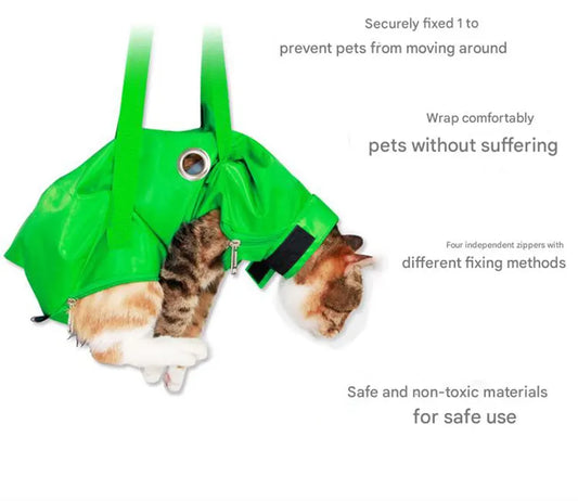 Size M Green Multi-Functional Cat Grooming Bag - Anti-Scratch Restraint Pouch for Nail Trimming and Vet Visits - Image 4