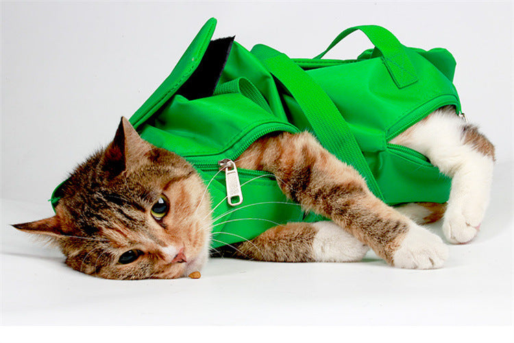 Size L Green Multi-Functional Cat Grooming Bag - Anti-Scratch Restraint Pouch for Nail Trimming and Vet Visits
