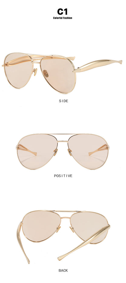 Style C1 Gold Frame Champagne Lenses Chic Oversized Aviator Sunglasses - Retro Metal Frame with UV400 Protection for Women - Image 2