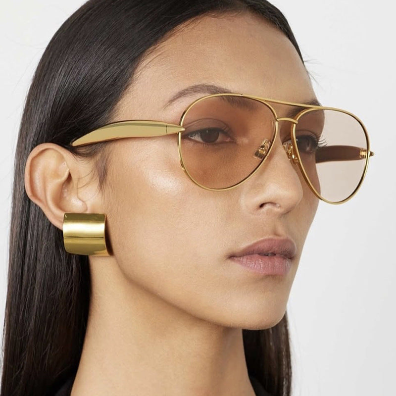 Style C2 Gold Frame Orange Lenses Chic Oversized Aviator Sunglasses - Retro Metal Frame with UV400 Protection for Women - Image 3