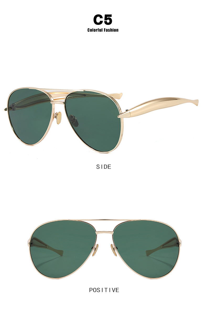 Style C5 Gold Frame Green Lenses Chic Oversized Aviator Sunglasses - Retro Metal Frame with UV400 Protection for Women - Image 2