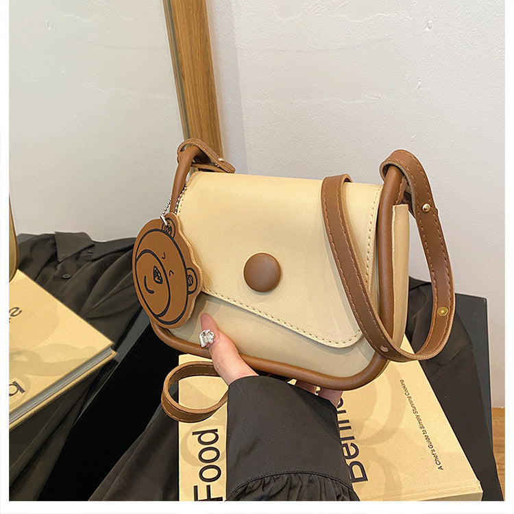Khaki and Brown Chic PU Leather Crossbody Bag with Cute Bear Charm - Adjustable Strap Shoulder Purse - Image 2