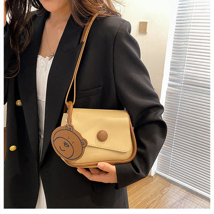 Khaki and Brown Chic PU Leather Crossbody Bag with Cute Bear Charm - Adjustable Strap Shoulder Purse - Image 3