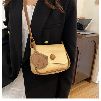 Khaki and Brown Chic PU Leather Crossbody Bag with Cute Bear Charm - Adjustable Strap Shoulder Purse - Image 4