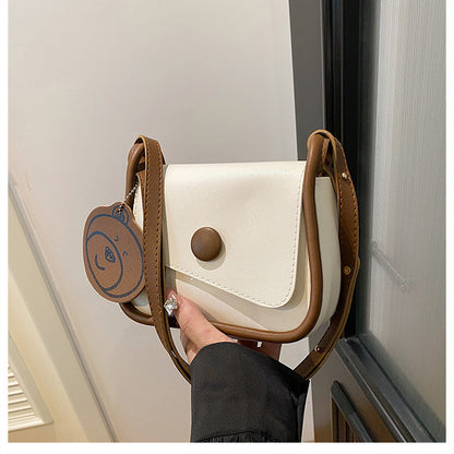 White and Brown Chic PU Leather Crossbody Bag with Cute Bear Charm - Adjustable Strap Shoulder Purse - Image 2