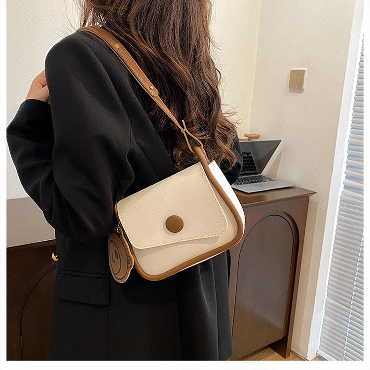 White and Brown Chic PU Leather Crossbody Bag with Cute Bear Charm - Adjustable Strap Shoulder Purse - Image 4