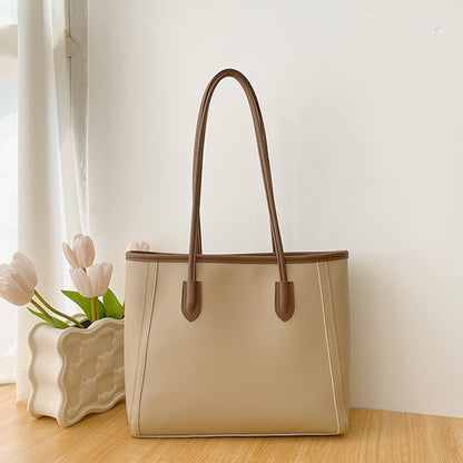 Khaki and Brown Chic Large Capacity Tote Bag - PU Leather Commuter Shoulder Handbag for Women - Image 2
