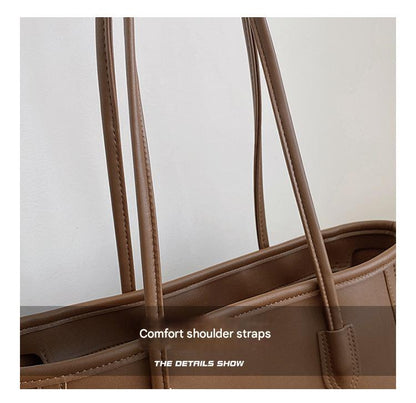 Khaki and Brown Chic Large Capacity Tote Bag - PU Leather Commuter Shoulder Handbag for Women - Image 7