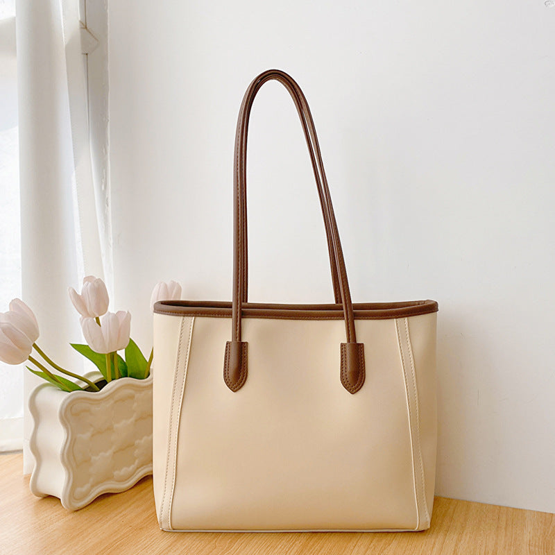 Beige and Brown Chic Large Capacity Tote Bag - PU Leather Commuter Shoulder Handbag for Women - Image 2