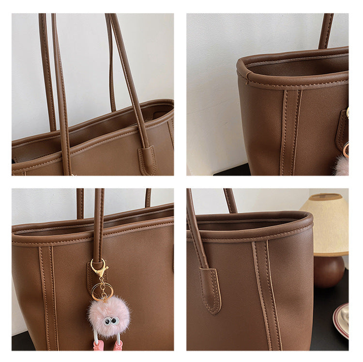 Beige and Brown Chic Large Capacity Tote Bag - PU Leather Commuter Shoulder Handbag for Women - Image 4