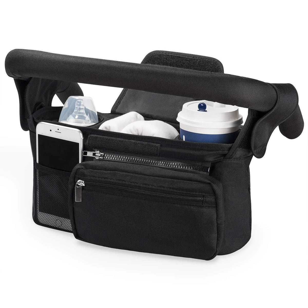 Black Universal Stroller Organiser Caddy with Insulated Cup Holders and Detachable Wristlet