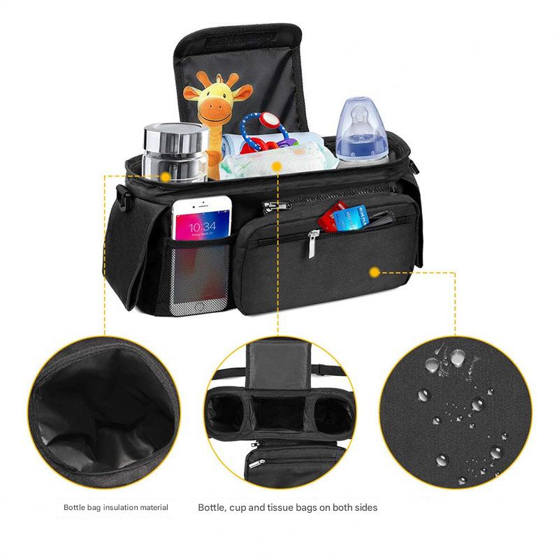 Black Universal Stroller Organiser Caddy with Insulated Cup Holders and Detachable Wristlet - Image 3