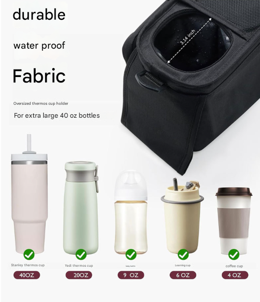 Grey Universal Stroller Organiser Caddy with Insulated Cup Holders and Detachable Wristlet - Image 7