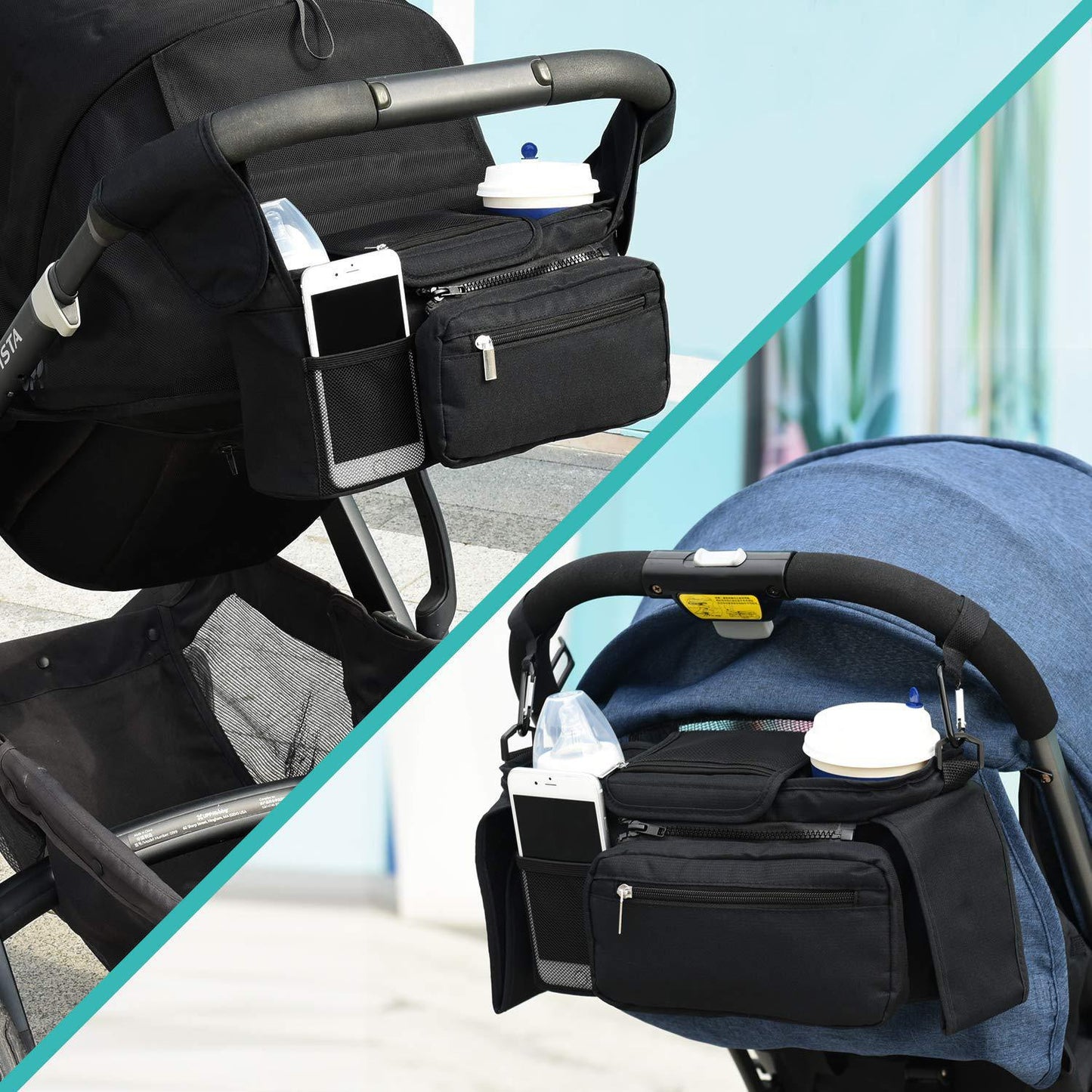Blue Universal Stroller Organiser Caddy with Insulated Cup Holders and Detachable Wristlet - Image 9