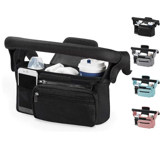 Pink Universal Stroller Organiser Caddy with Insulated Cup Holders and Detachable Wristlet - Image 2