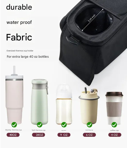 Pink Universal Stroller Organiser Caddy with Insulated Cup Holders and Detachable Wristlet - Image 7