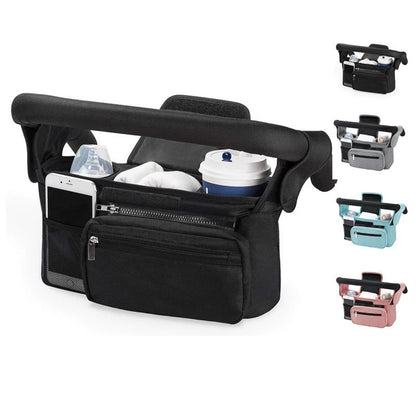 Black and Gray Stitching Universal Stroller Organiser Caddy with Insulated Cup Holders and Detachable Wristlet - Image 2
