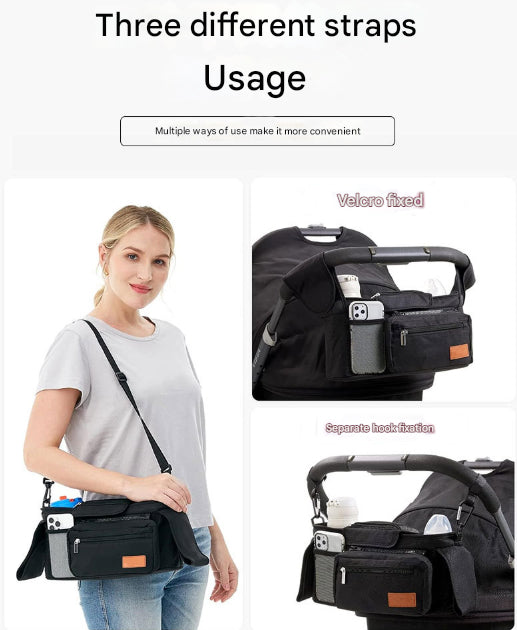 Black and Gray Stitching Universal Stroller Organiser Caddy with Insulated Cup Holders and Detachable Wristlet - Image 8