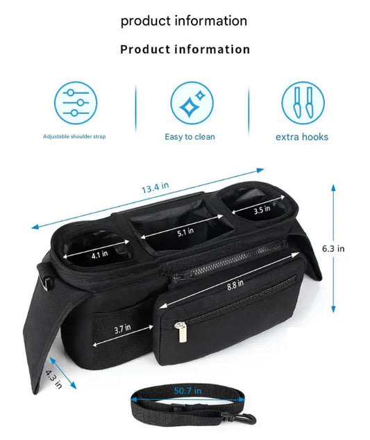 Grey and Black Stitching Universal Stroller Organiser Caddy with Insulated Cup Holders and Detachable Wristlet - Image 4