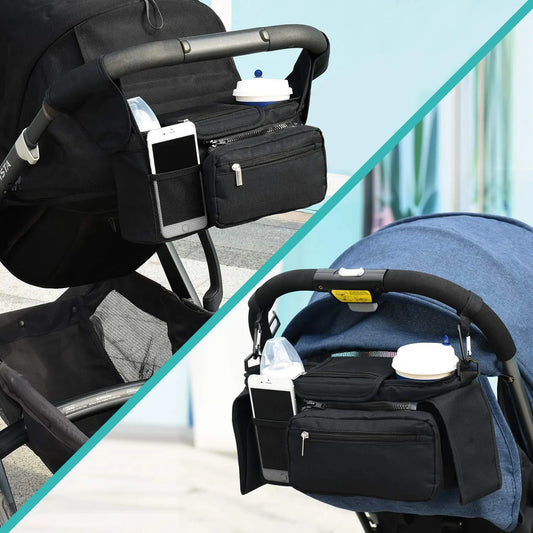 Pink and Black Stitching Universal Stroller Organiser Caddy with Insulated Cup Holders and Detachable Wristlet - Image 9