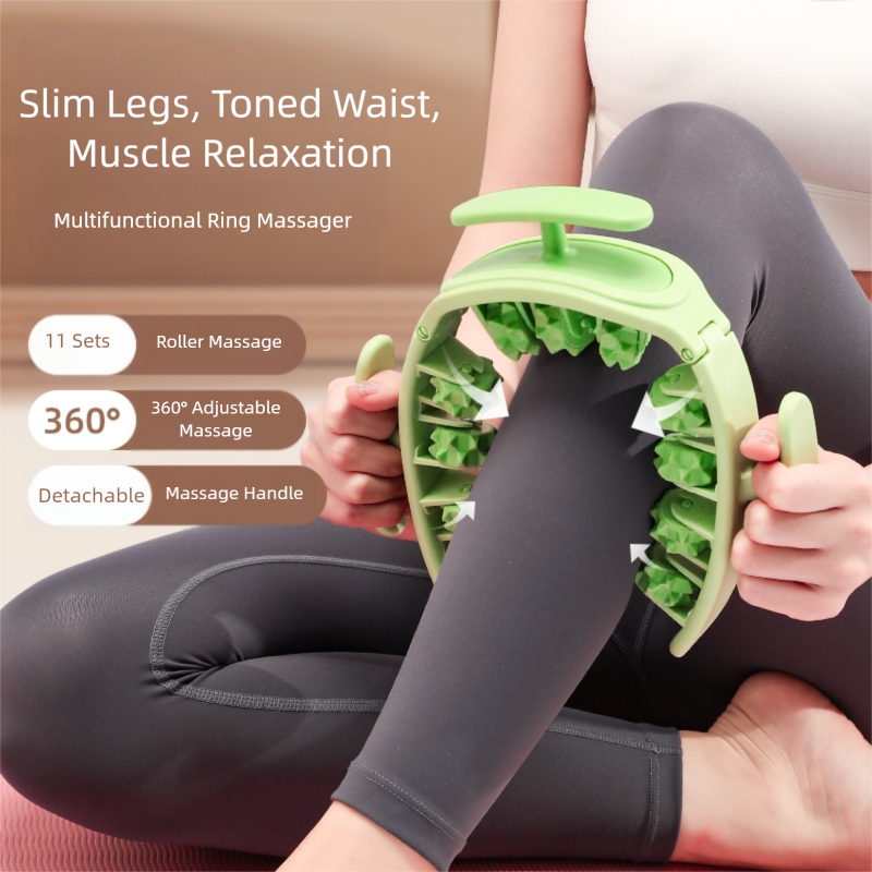 Green and White Removable Adjustable Wrap-Around Muscle Roller - 11-Wheel Deep Tissue Massager for Legs, Arms & Body - Image 3