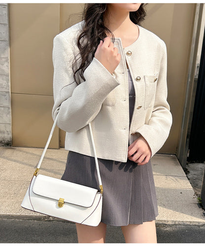 Beige Elegant Vintage Baguette Shoulder Bag - Chic PU Leather Underarm Purse with Gold Clasp - Image 8