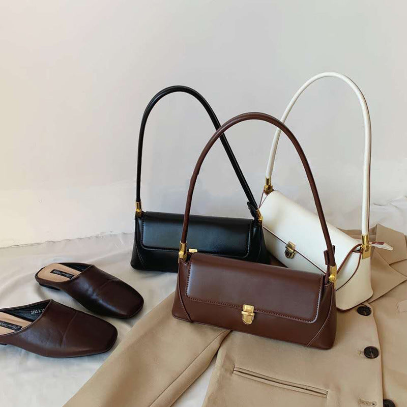 Brown Elegant Vintage Baguette Shoulder Bag - Chic PU Leather Underarm Purse with Gold Clasp - Image 2