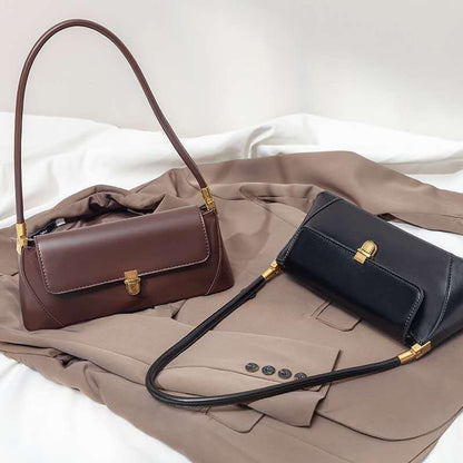 Brown Elegant Vintage Baguette Shoulder Bag - Chic PU Leather Underarm Purse with Gold Clasp - Image 3