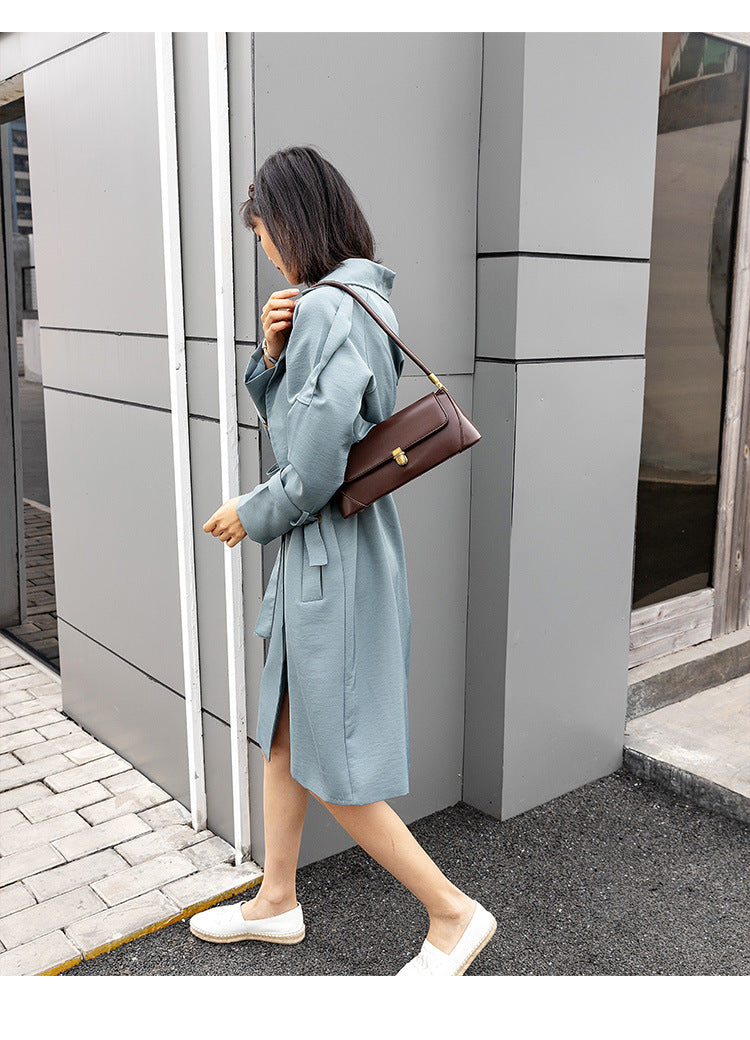 Brown Elegant Vintage Baguette Shoulder Bag - Chic PU Leather Underarm Purse with Gold Clasp - Image 7