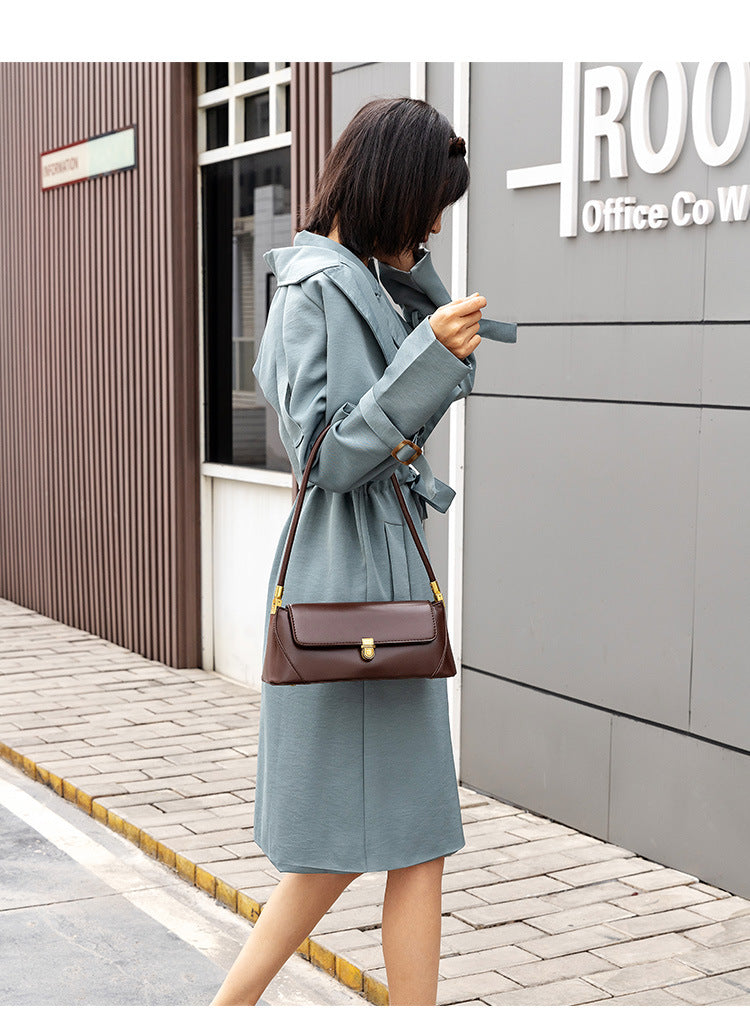 Brown Elegant Vintage Baguette Shoulder Bag - Chic PU Leather Underarm Purse with Gold Clasp - Image 8