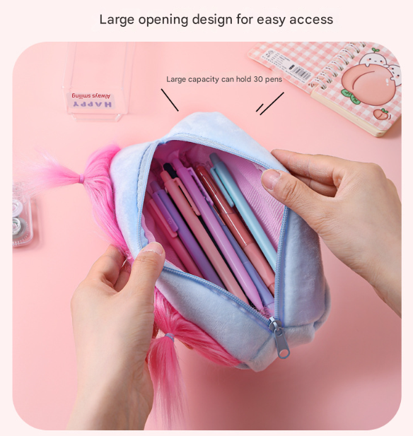 Blue and Pink Hair Cute Plush Monster Pencil Case - Fluffy Stationery Pouch with DIY Styleable Hair for Kids - Image 3