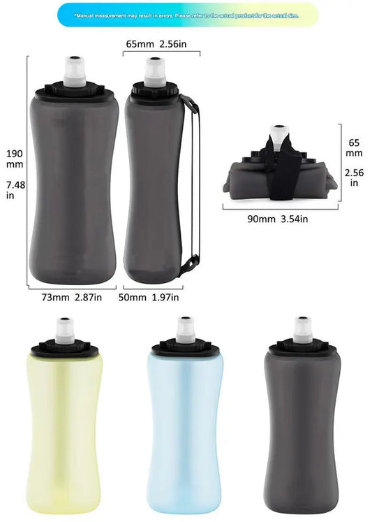 Blue Collapsible Handheld Running Flask - 350ml Lightweight Silicone Water Bottle with Bite Valve - Image 2