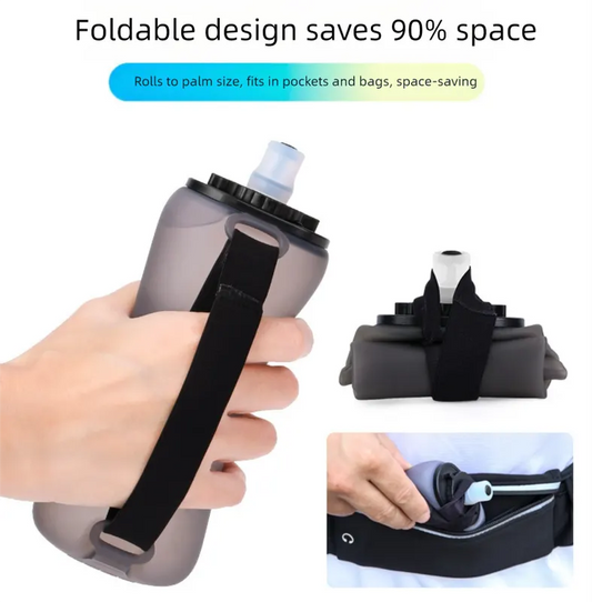 Yellow Collapsible Handheld Running Flask - 350ml Lightweight Silicone Water Bottle with Bite Valve - Image 5