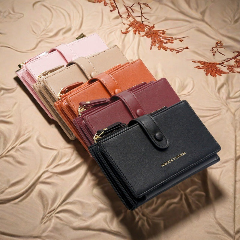 Khaki Compact Bifold Wallet for Women - High Capacity PU Leather Purse with Zipper Coin Pocket - Image 2