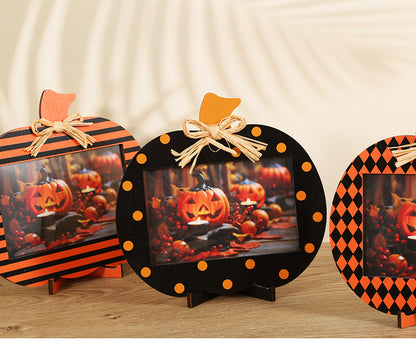 Black and Orange Plaid Pattern Festive Pumpkin Photo Frame - Rustic Halloween Tabletop Picture Holder - Image 2