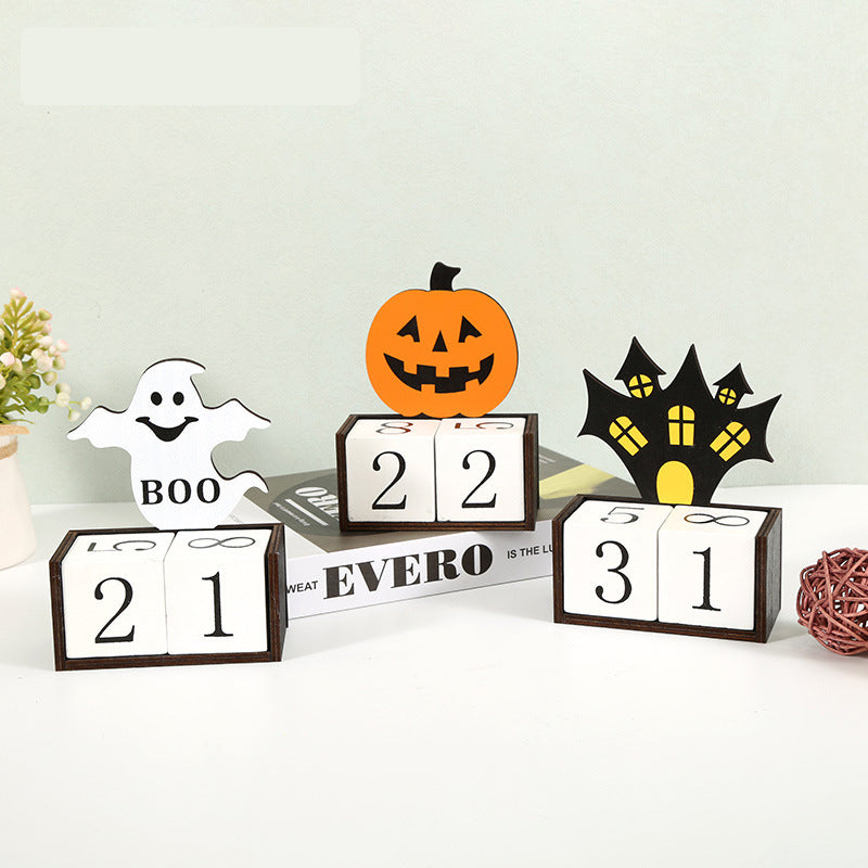 White Ghost Shape Festive Halloween Countdown Blocks - Reusable Wooden Perpetual Calendar for Desk Decor - Image 2