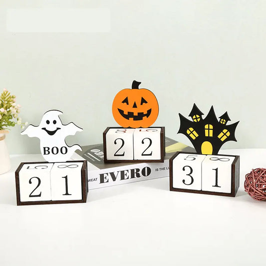 White Ghost Shape Festive Halloween Countdown Blocks - Reusable Wooden Perpetual Calendar for Desk Decor - Image 2