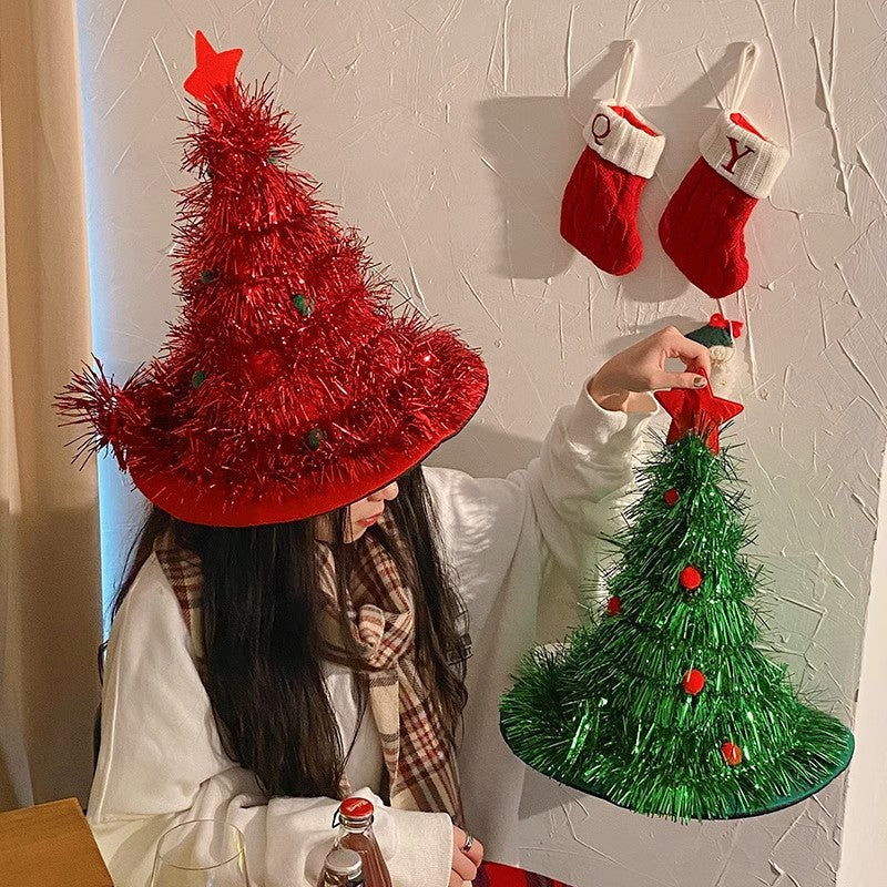 Silver Sparkly Tinsel Christmas Tree Hat - Festive Holiday Party Headwear for Adults & Kids - Image 3