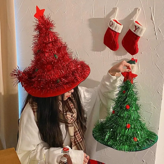 Silver Sparkly Tinsel Christmas Tree Hat - Festive Holiday Party Headwear for Adults & Kids - Image 3