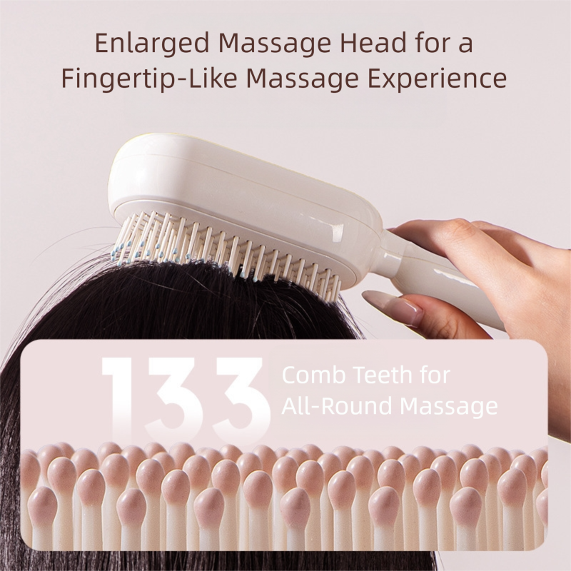 White Innovative Self-Cleaning Cushion Hairbrush - Retractable Bristle Detangling & Scalp Massager - Image 3