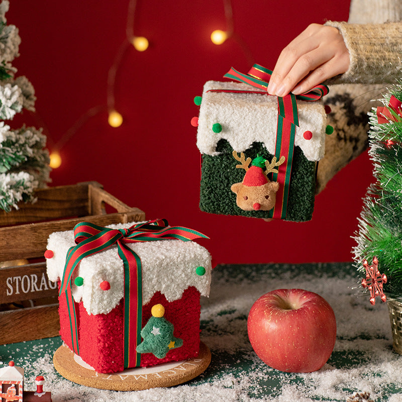 White and Green Luxe Plush Christmas Gift Box - Decorative Holiday Treat Box with Snowy Trim - Image 2