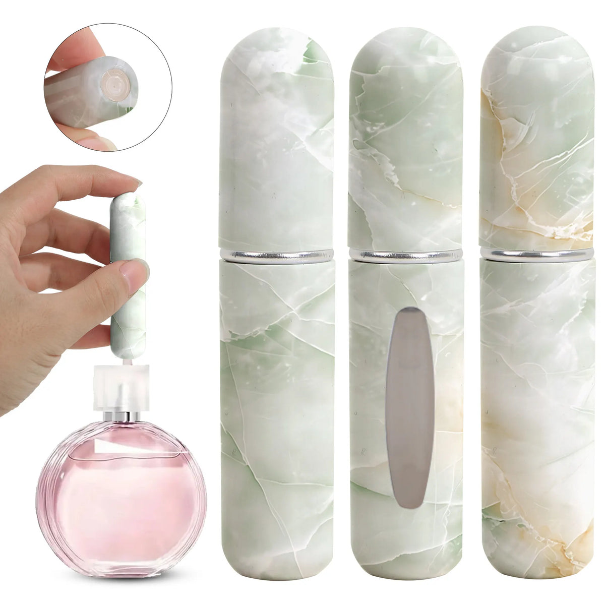Light Green Chic Marble Travel Perfume Atomizer Set (3-Pack) - 5ml Leakproof Bottom-Fill Spray Bottles