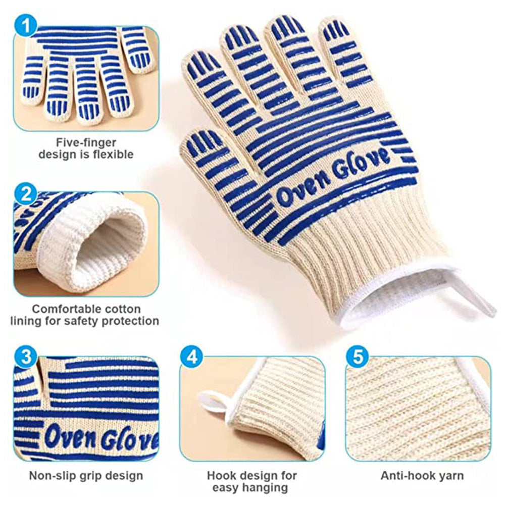 Blue and White Extreme Heat Resistant BBQ Gloves - Cut-Resistant Oven Mitts with Non-Slip Silicone Grip - Image 2