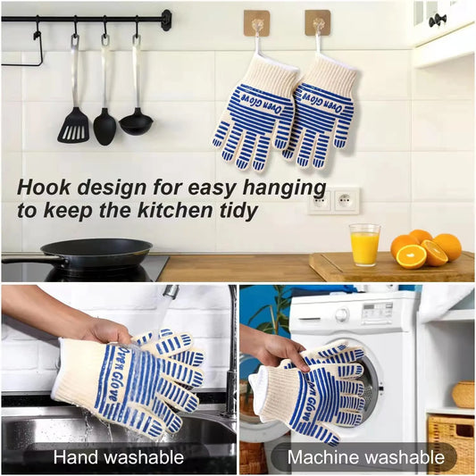 Blue and White Extreme Heat Resistant BBQ Gloves - Cut-Resistant Oven Mitts with Non-Slip Silicone Grip - Image 5