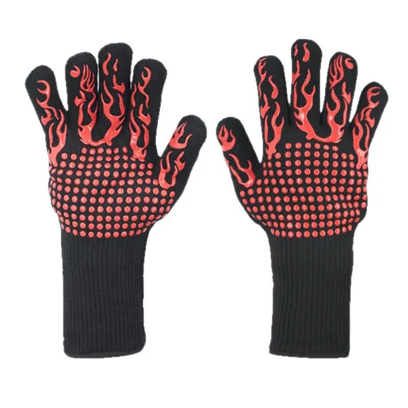 Red Flame Pattern Extreme Heat Resistant BBQ Gloves - 500°C Flame Design Oven Gloves with Non-Slip Silicone Grip