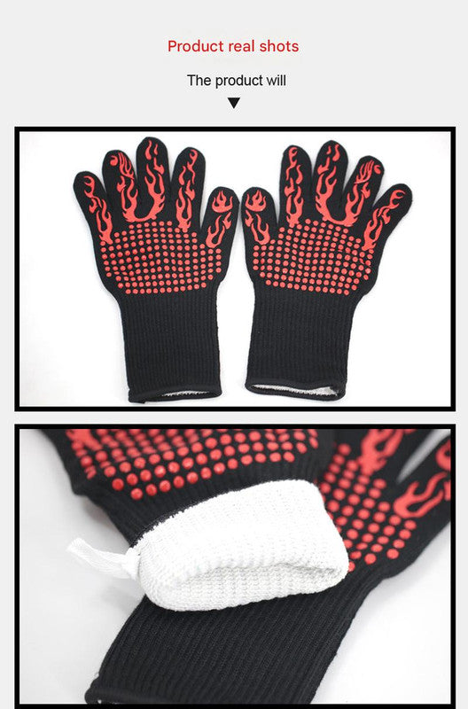 Black Flame Pattern Extreme Heat Resistant BBQ Gloves - 500°C Flame Design Oven Gloves with Non-Slip Silicone Grip - Image 6